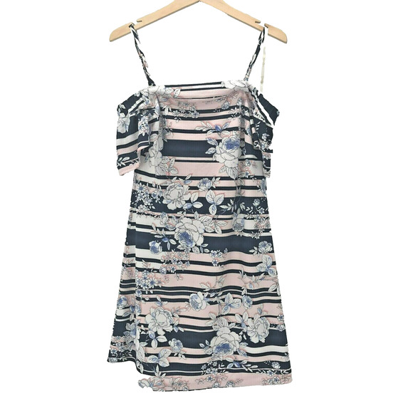 Jessica Simpson Dress Womens 8 Blue Stripe Floral Off The Shoulder ALine Stretch - Picture 1 of 6